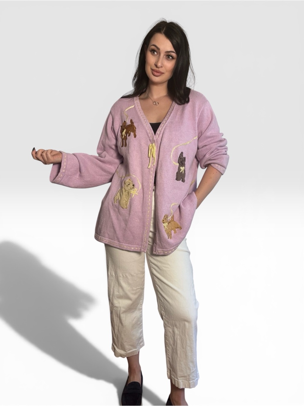 VTG Storybook Knits Lavender Puppy Dog Cardigan Sweater 2X Cottagecore